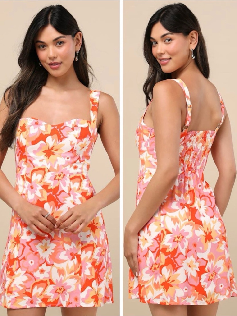 Lulus Ashlea Orange Floral Sweetheart Mini Dress Size Medium Sleeveless Beach